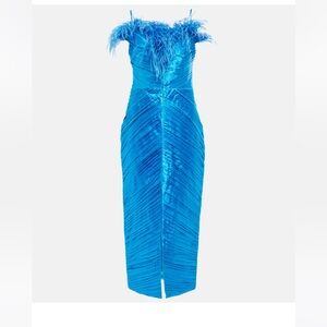 Rasario Feather-Trimmed Ruched Satin Midi Dress in Bright Blue. Size 40